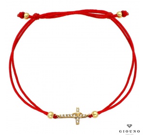 Złota bransoletka 585 na czerwonym sznurku  krzyżyk 