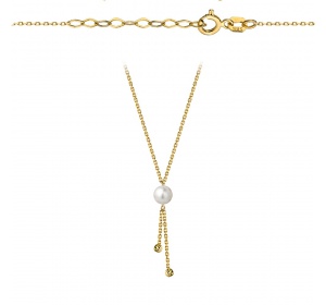Naszyjnik złoty z perłą, wiszącym łańcuszkiem i kulkami diamentowanymi