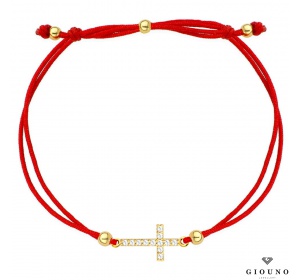 Bransoletka złoty krzyżyk 585 z cyrkoniami na czerwonym sznurku
