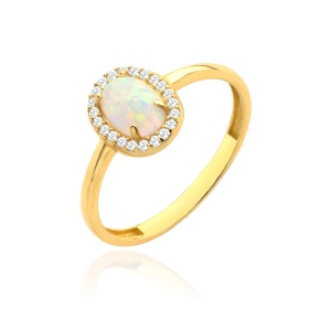 Pierścionek złoty Opal owalny otoczony cyrkoniami