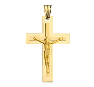 Krzyżyk złoty 585 z Jezusem zdobiony satynowaniem